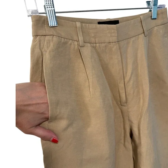 Nili Lotan 2 Dayton $675 Linen Silk Pants High Rise Wide Leg Trouser Pleated Tan